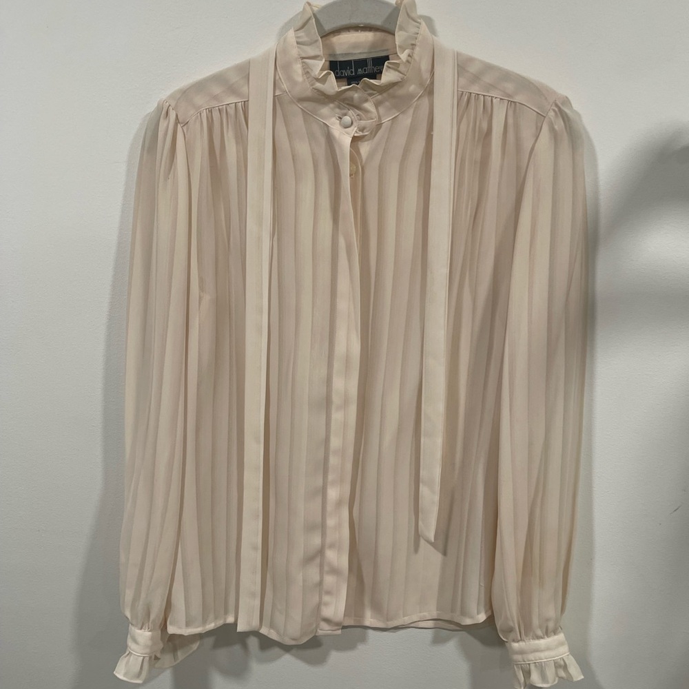 Vintage David Meister Cream Pleated Tie-Neck Blouse